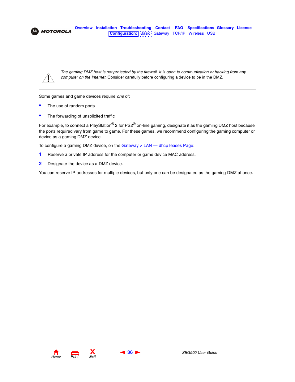 Configuring a gaming dmz host, Caution | Motorola SBG900 User Manual | Page 42 / 130
