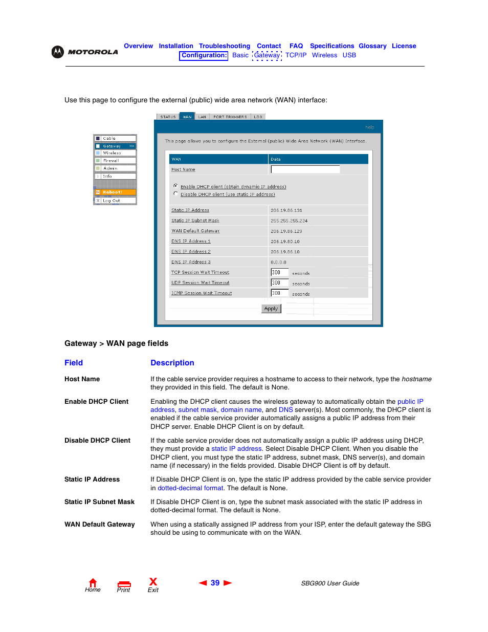 Gateway > wan page | Motorola SBG900 User Manual | Page 45 / 130