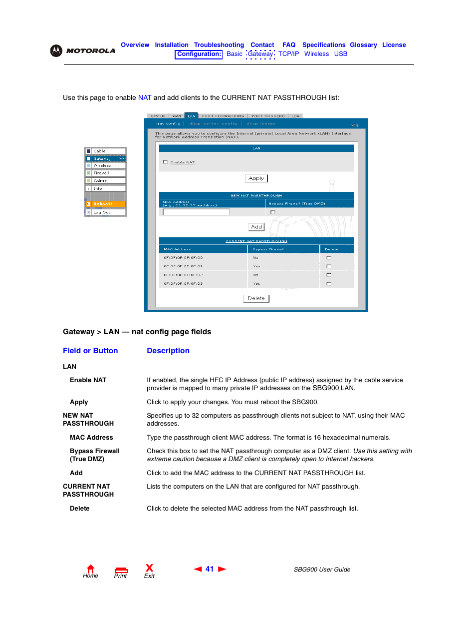 Gateway > lan — nat config page | Motorola SBG900 User Manual | Page 47 / 130
