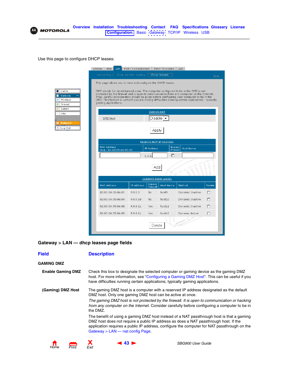 Gateway > lan — dhcp leases page | Motorola SBG900 User Manual | Page 49 / 130