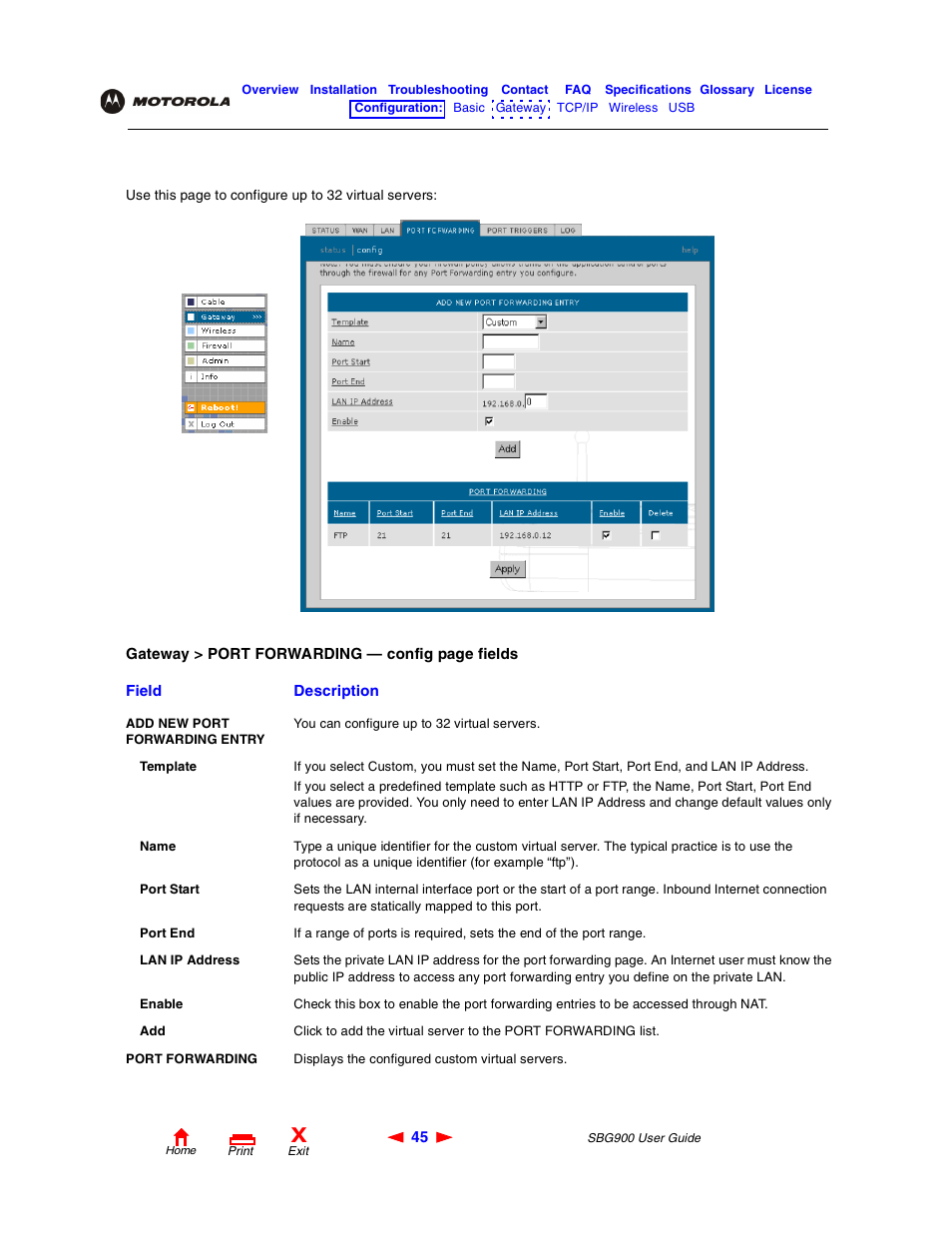 Gateway > port forwarding — config page | Motorola SBG900 User Manual | Page 51 / 130