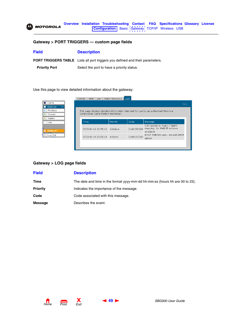 Gateway > log page | Motorola SBG900 User Manual | Page 55 / 130