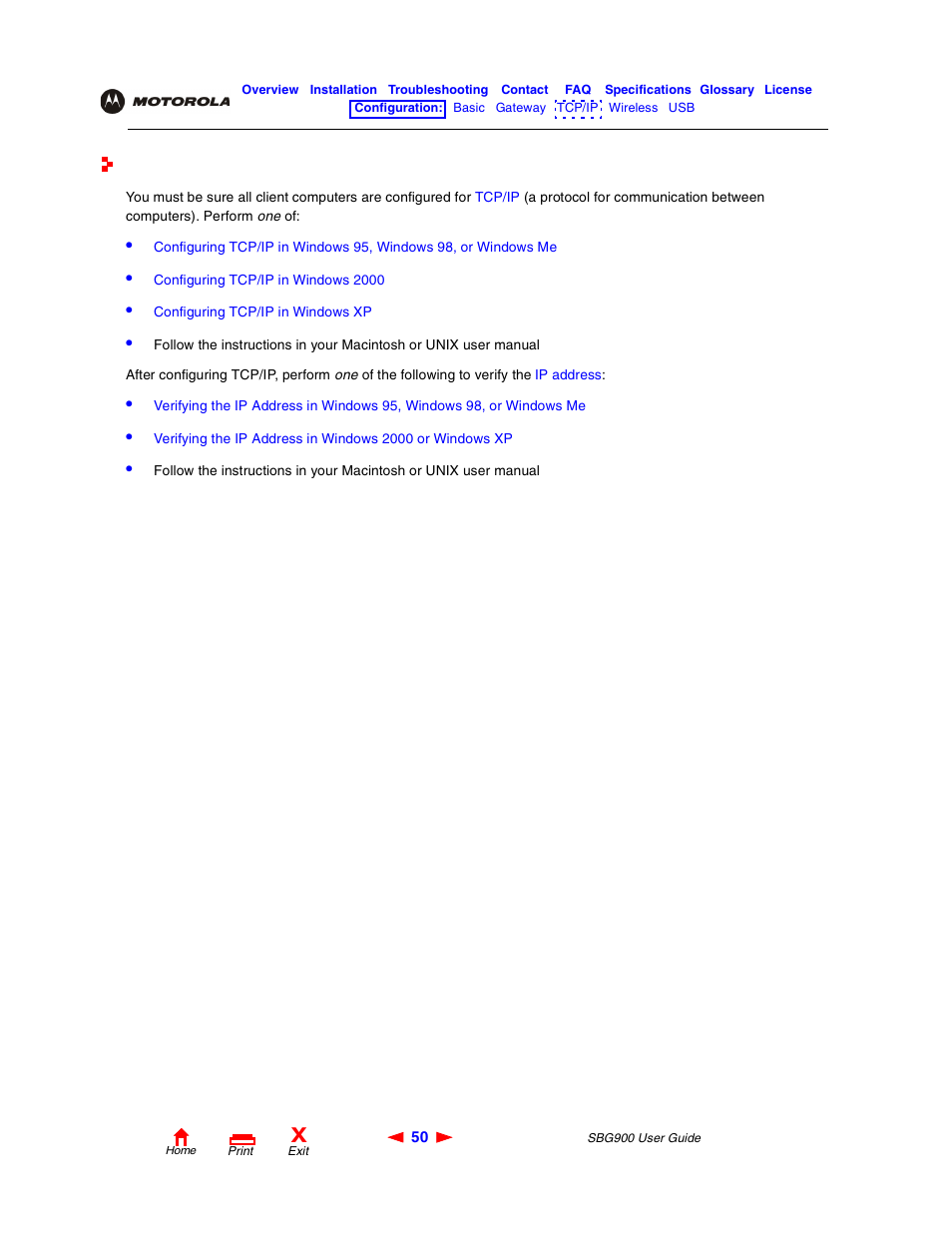 Configuring tcp/ip, Cp/ip | Motorola SBG900 User Manual | Page 56 / 130
