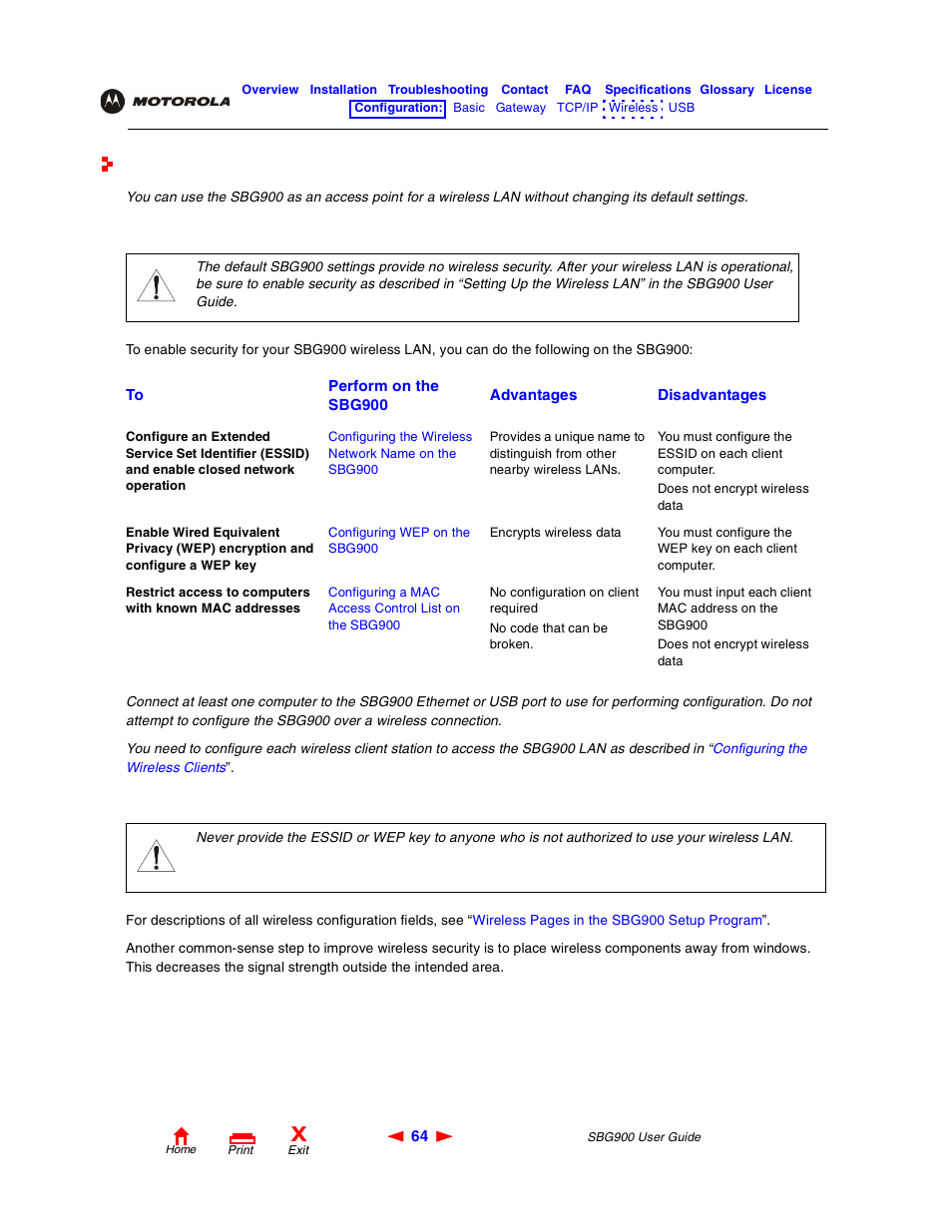 Setting up the wireless lan, Wireless us, Caution | Motorola SBG900 User Manual | Page 70 / 130