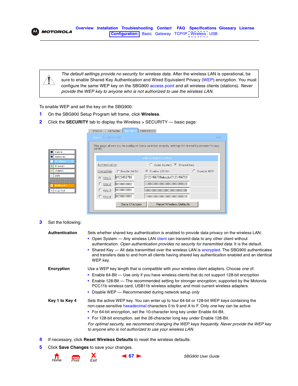 Configuring wep on the sbg900, Caution | Motorola SBG900 User Manual | Page 73 / 130