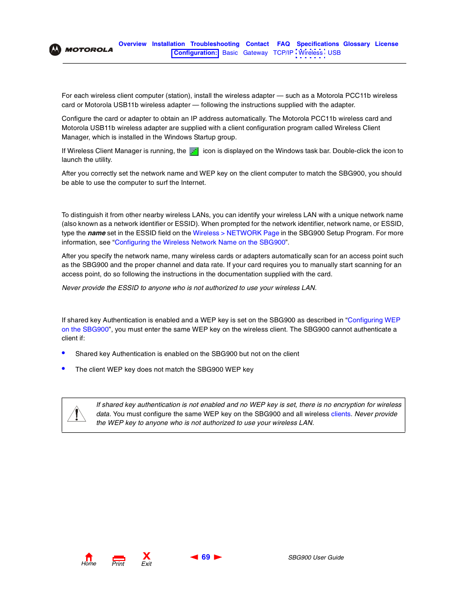Configuring the wireless clients, Configuring a wireless client for wep, Configuring the | Wireless clients, Caution | Motorola SBG900 User Manual | Page 75 / 130