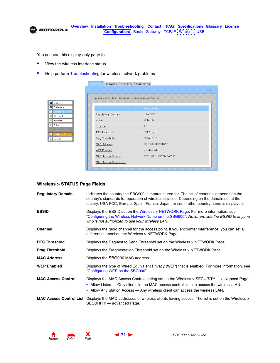 Wireless > status page | Motorola SBG900 User Manual | Page 77 / 130