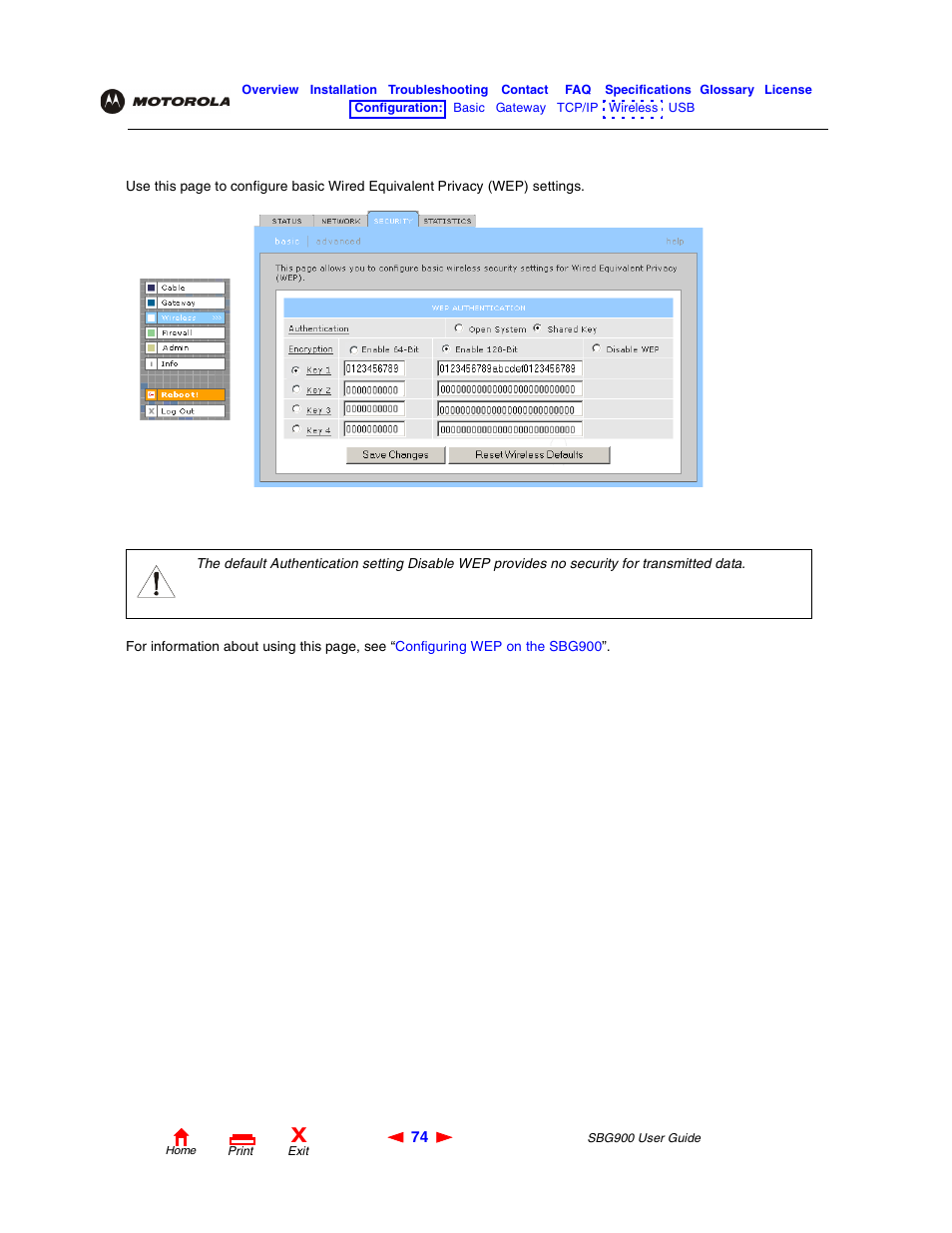 Wireless > security — basic page, Caution | Motorola SBG900 User Manual | Page 80 / 130