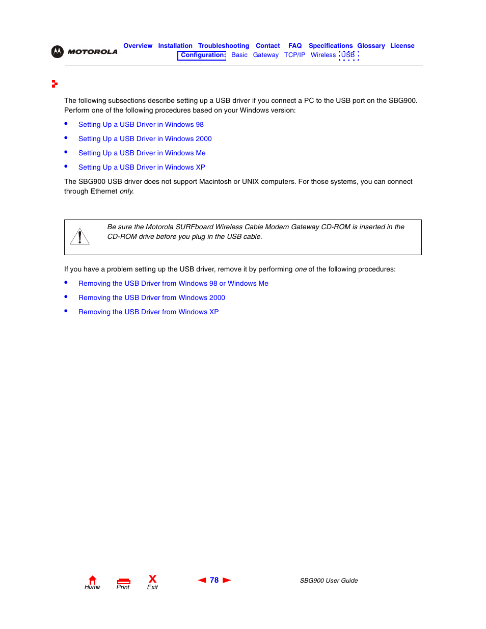 Setting up a usb driver | Motorola SBG900 User Manual | Page 84 / 130