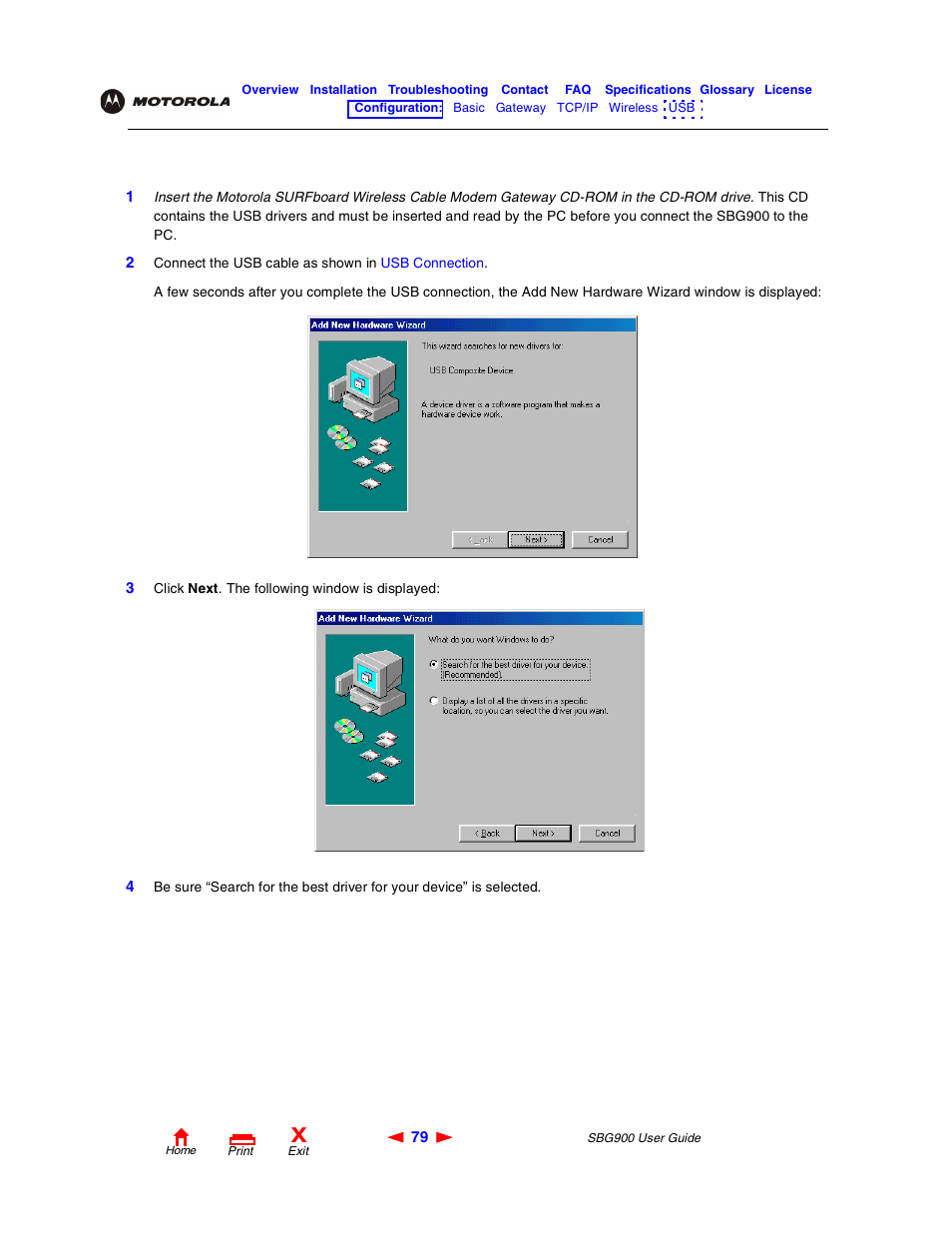 Setting up a usb driver in windows98, Setting up a usb driver in windows 98 | Motorola SBG900 User Manual | Page 85 / 130
