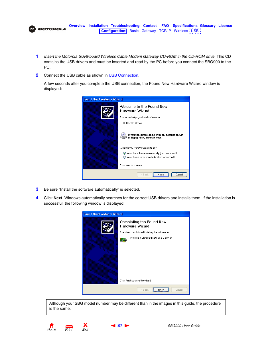 Setting up a usb driver in windowsxp, Setting up a usb driver in windows xp | Motorola SBG900 User Manual | Page 93 / 130
