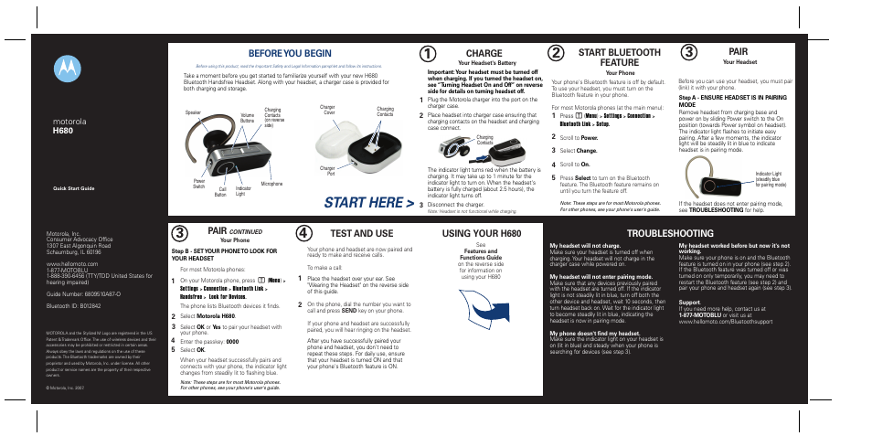 Motorola H680 User Manual | 2 pages