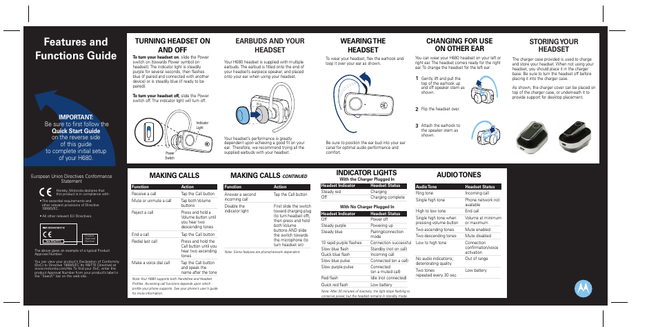 Features and functions guide, Wearing the headset, Changing for use on other ear | Making calls, Indicator lights, Audio tones, Storing your headset | Motorola H680 User Manual | Page 2 / 2