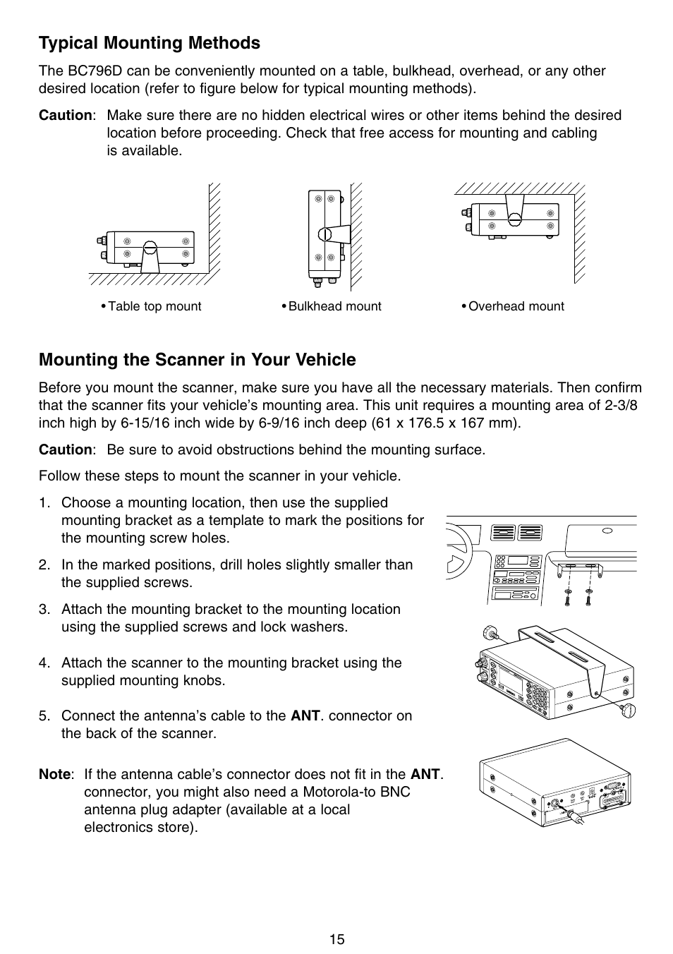 Typical mounting methods, Mounting the scanner in your vehicle | Motorola BC796D User Manual | Page 21 / 84