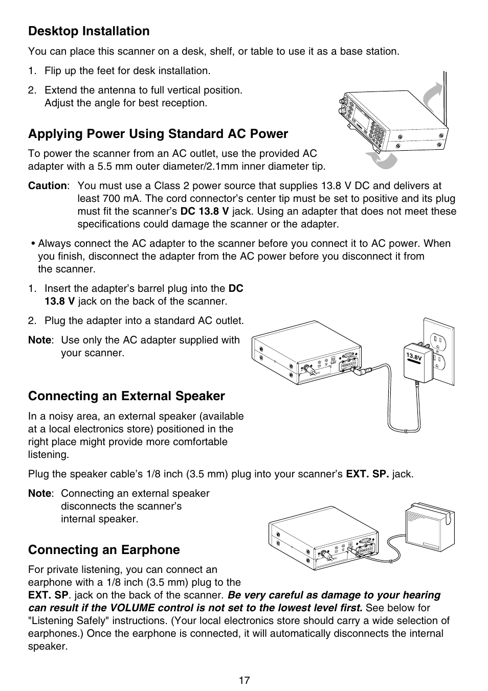 Desktop installation, Applying power using standard ac power, Connecting an external speaker | Connecting an earphone | Motorola BC796D User Manual | Page 23 / 84