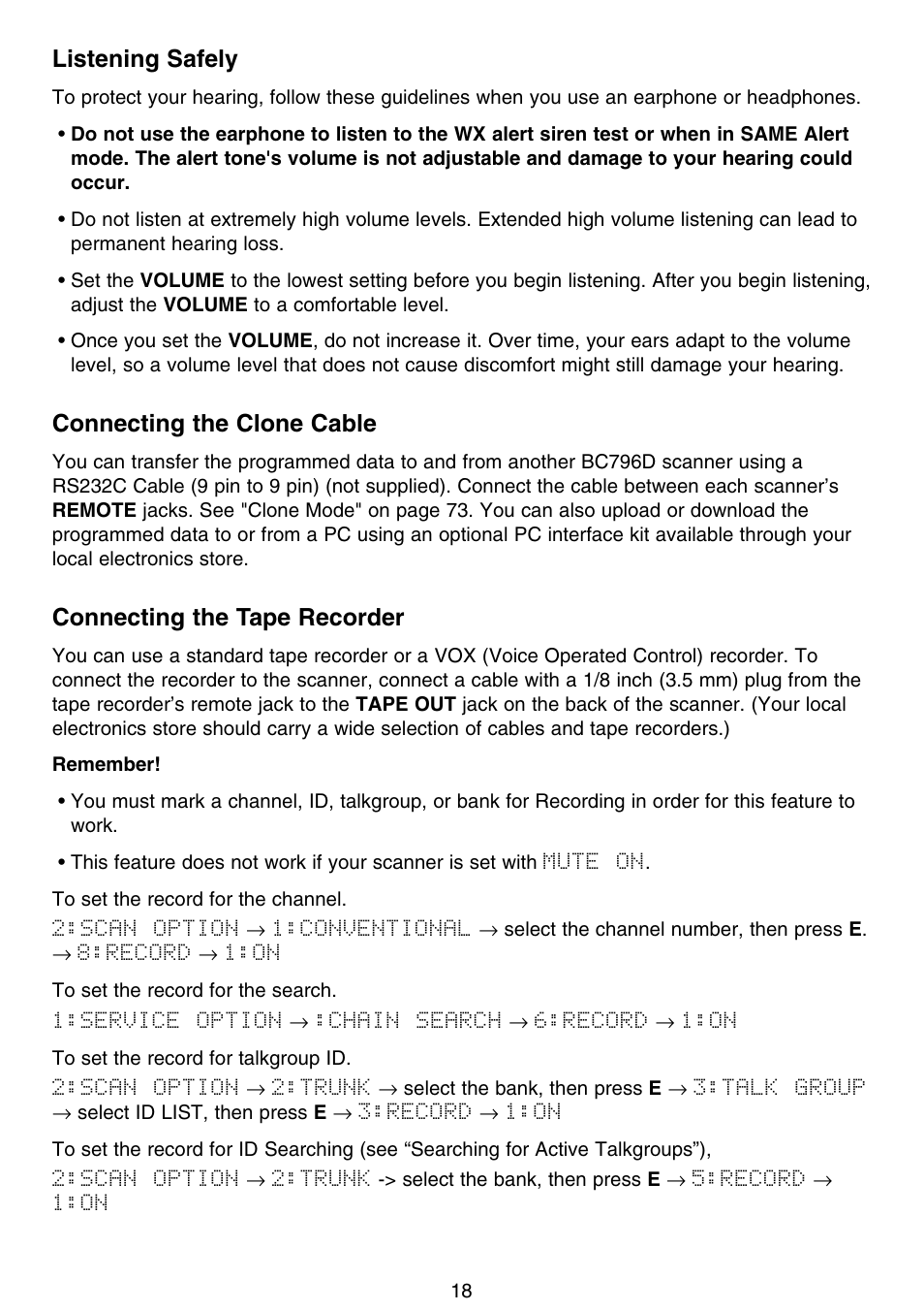 Listening safely, Connecting the clone cable, Connecting the tape recorder | Motorola BC796D User Manual | Page 24 / 84