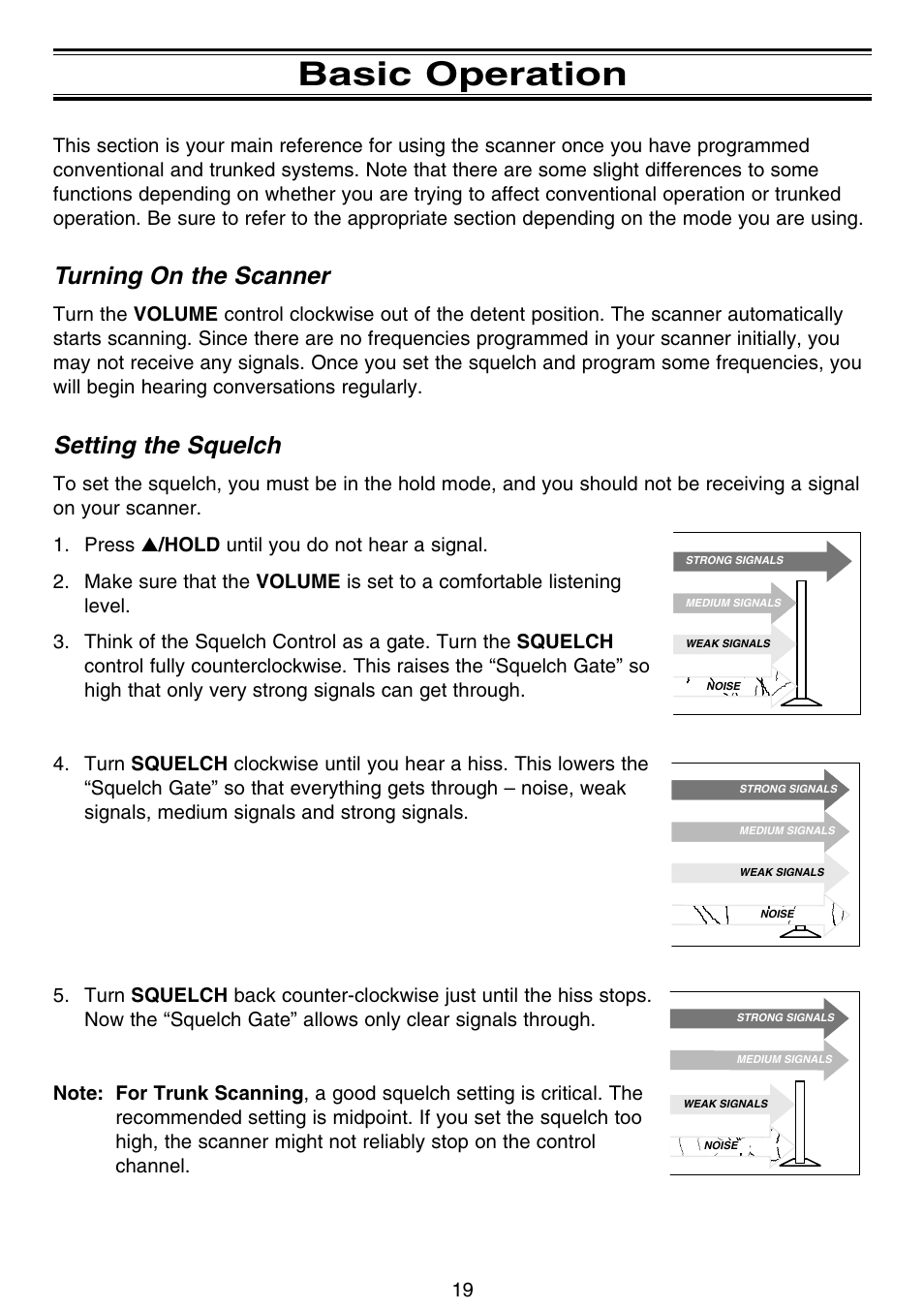 Basic operation, Turning on the scanner, Setting the squelch | Motorola BC796D User Manual | Page 25 / 84