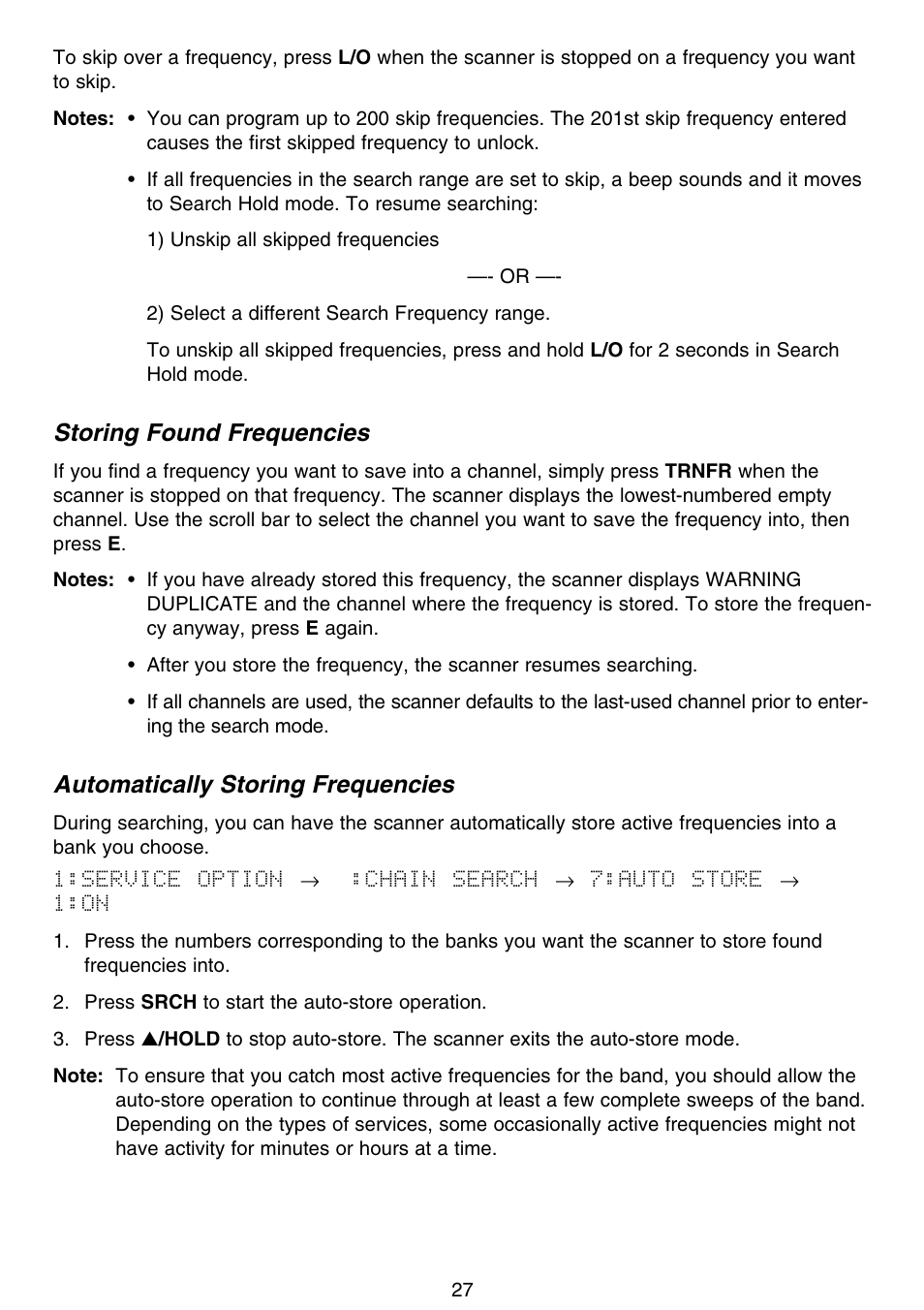 Storing found frequencies, Automatically storing frequencies | Motorola BC796D User Manual | Page 33 / 84