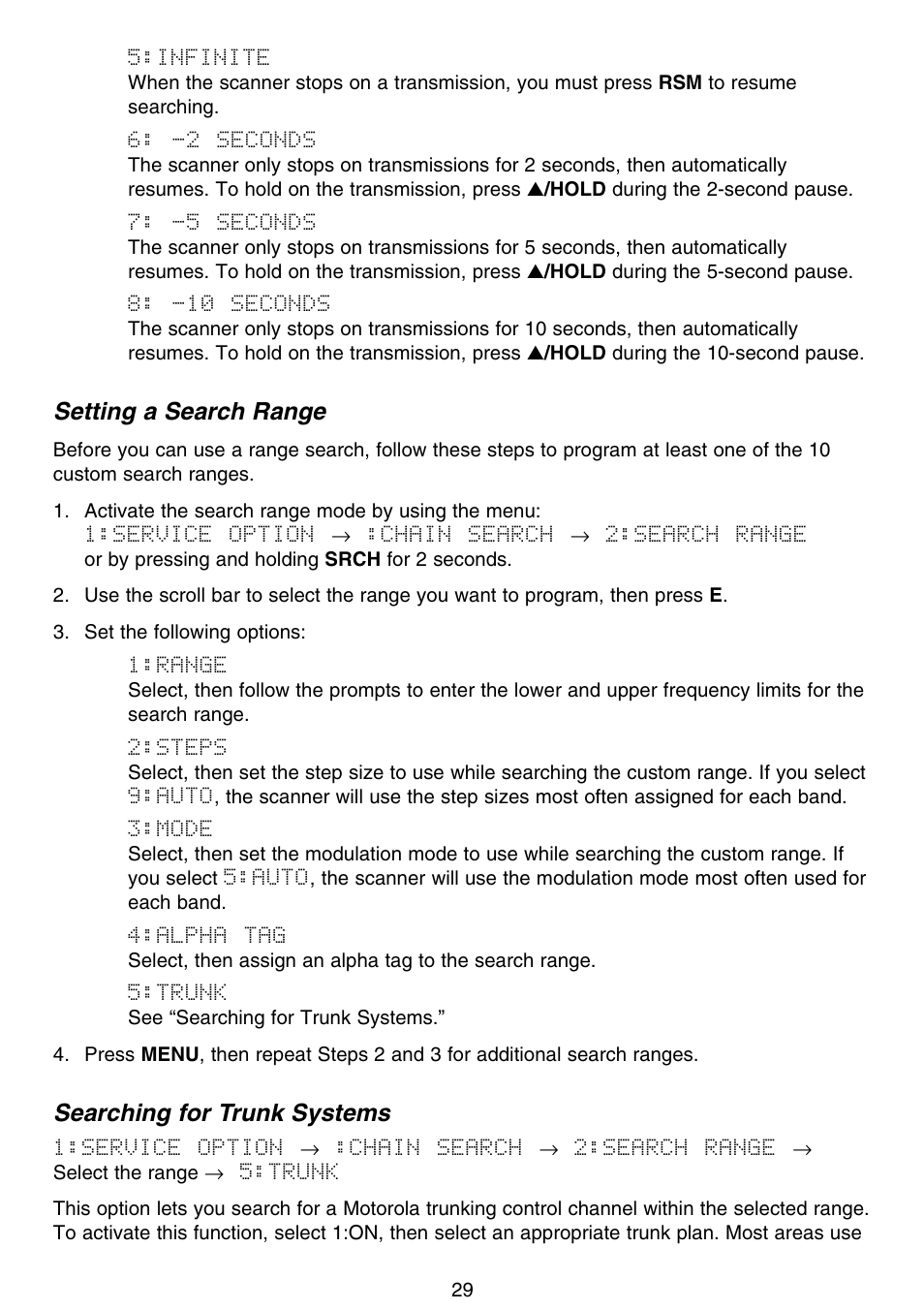 Setting a search range, Searching for trunk systems | Motorola BC796D User Manual | Page 35 / 84