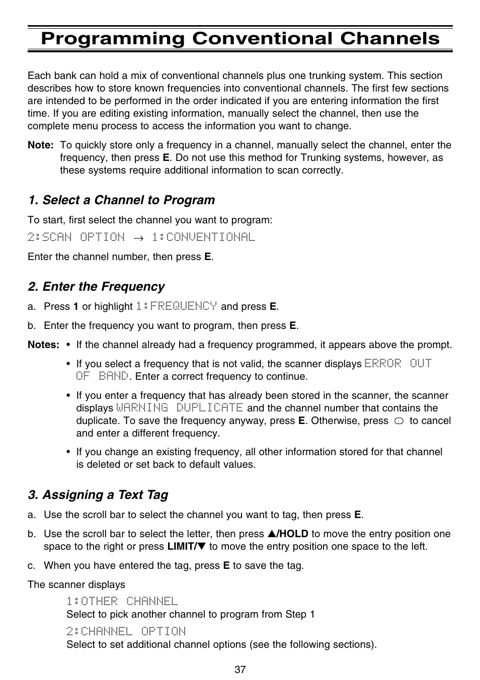 Programming conventional channels, Select a channel to program, Enter the frequency | Assigning a text tag | Motorola BC796D User Manual | Page 43 / 84