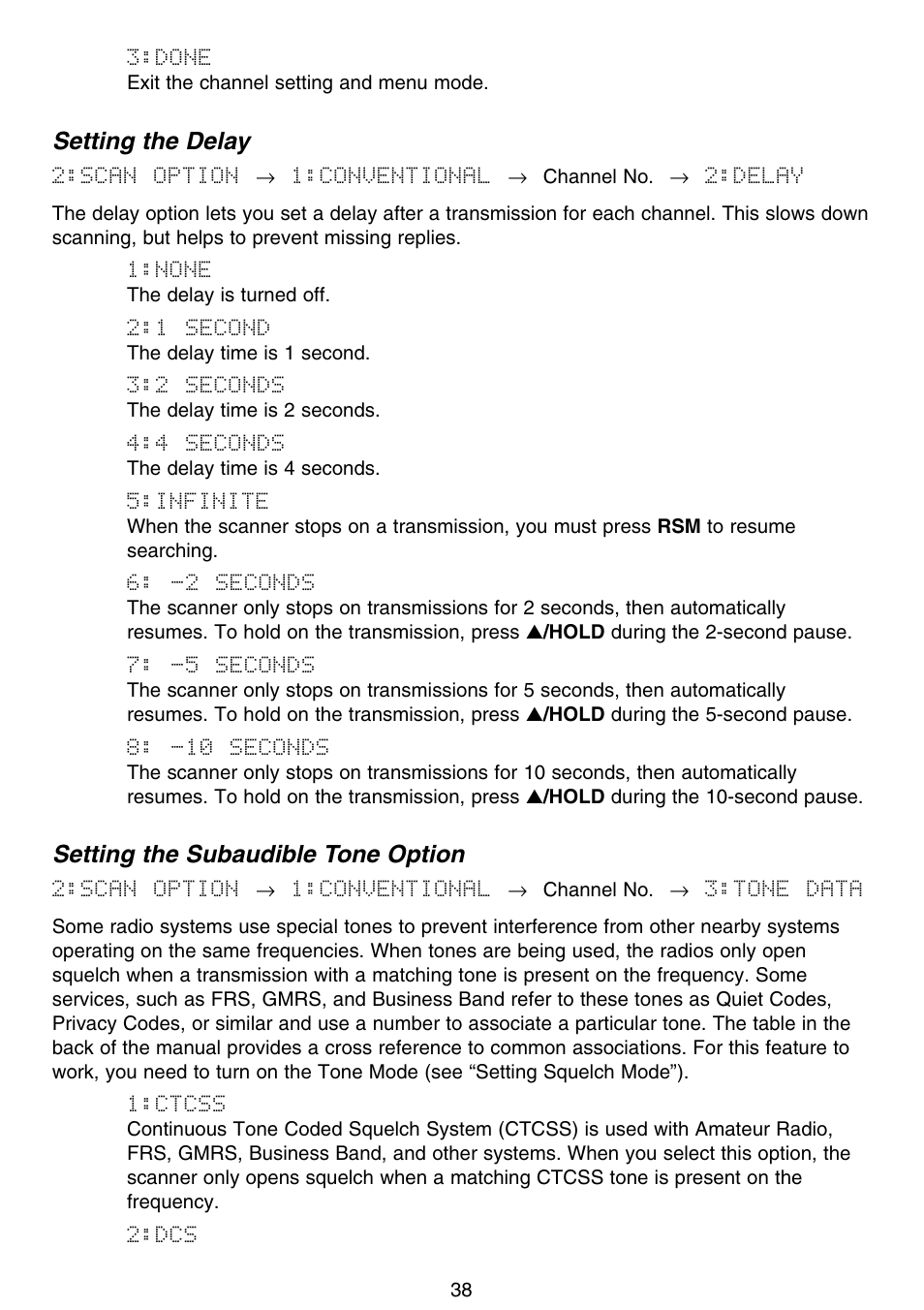 Setting the delay, Setting the subaudible tone option | Motorola BC796D User Manual | Page 44 / 84