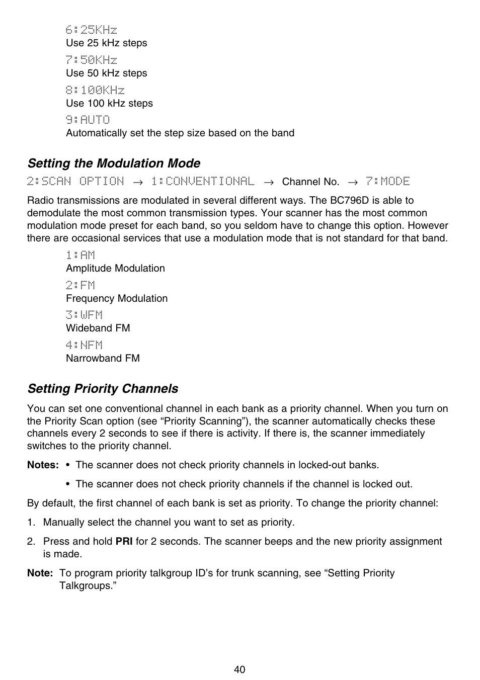 Setting the modulation mode, Setting priority channels | Motorola BC796D User Manual | Page 46 / 84