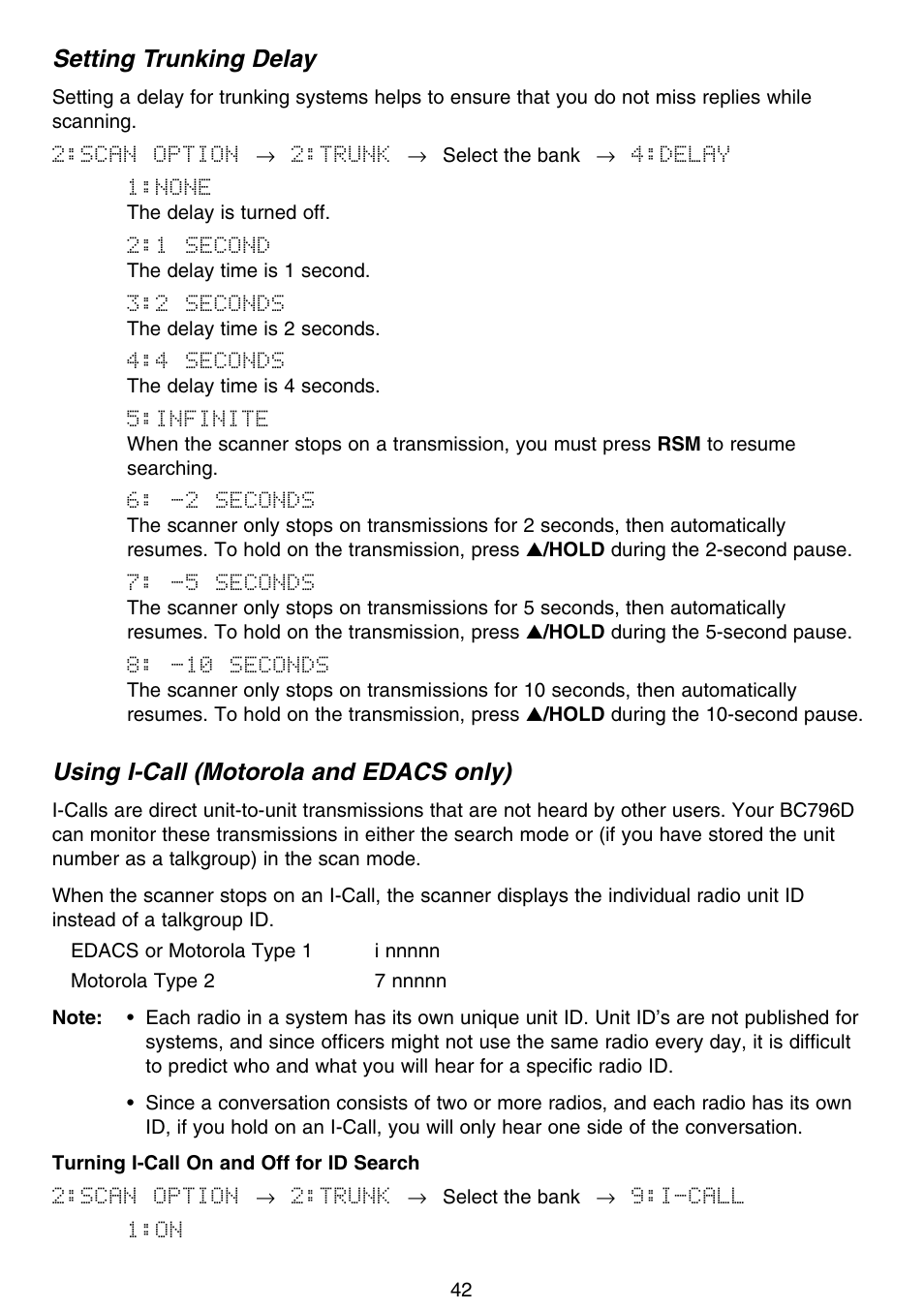 Setting trunking delay, Using i-call (motorola and edacs only) | Motorola BC796D User Manual | Page 48 / 84