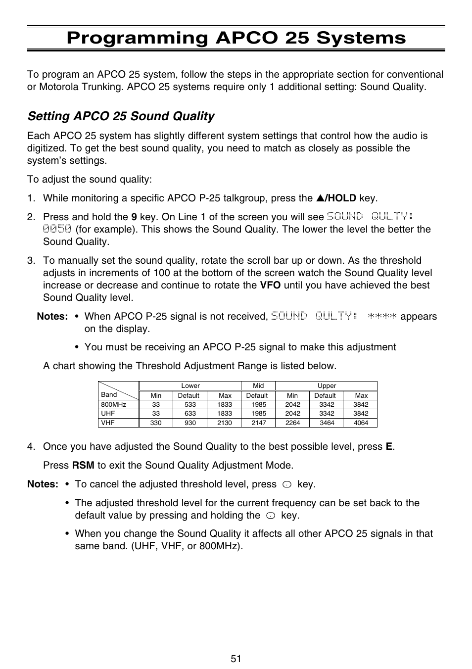 Programming apco 25 systems, Setting apco 25 sound quality | Motorola BC796D User Manual | Page 57 / 84