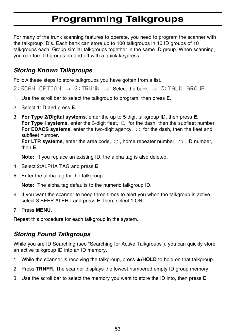 Programming talkgroups, Storing known talkgroups, Storing found talkgroups | Motorola BC796D User Manual | Page 59 / 84