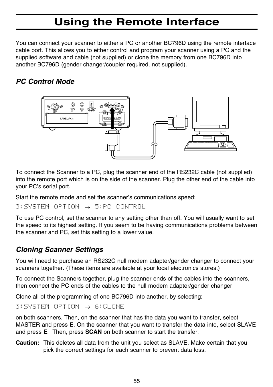 Using the remote interface, Pc control mode, Cloning scanner settings | Motorola BC796D User Manual | Page 61 / 84