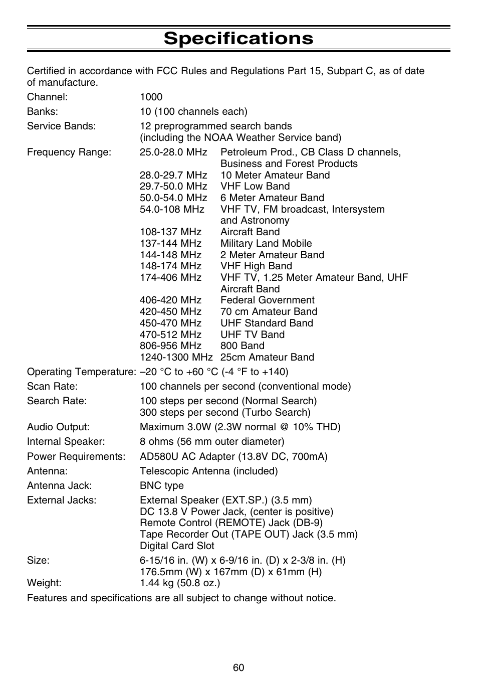 Specifications | Motorola BC796D User Manual | Page 66 / 84