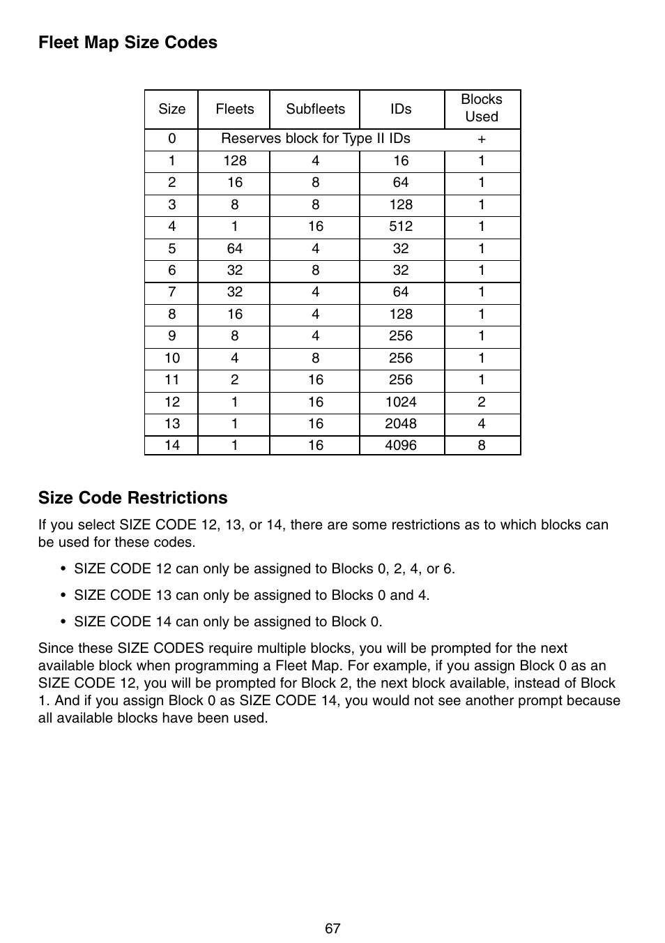 Fleet map size codes size code restrictions | Motorola BC796D User Manual | Page 73 / 84