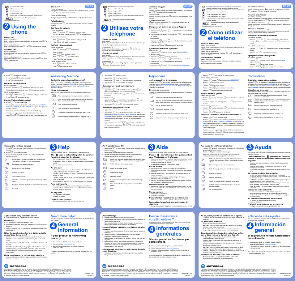 Using the phone, Utilisez votre téléphone, Cómo utilizar el teléfono | Help, Aide, Ayuda, General information, Informations générales, Información general, Répondeur | Motorola L404C User Manual | Page 2 / 2