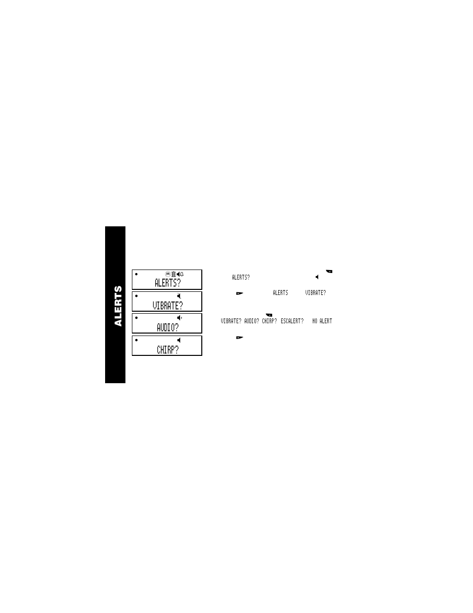 Setting the incoming message alert, Aler ts, Alerts | Vibrate, Audio, Chirp | Motorola WORDline  EN User Manual | Page 12 / 34