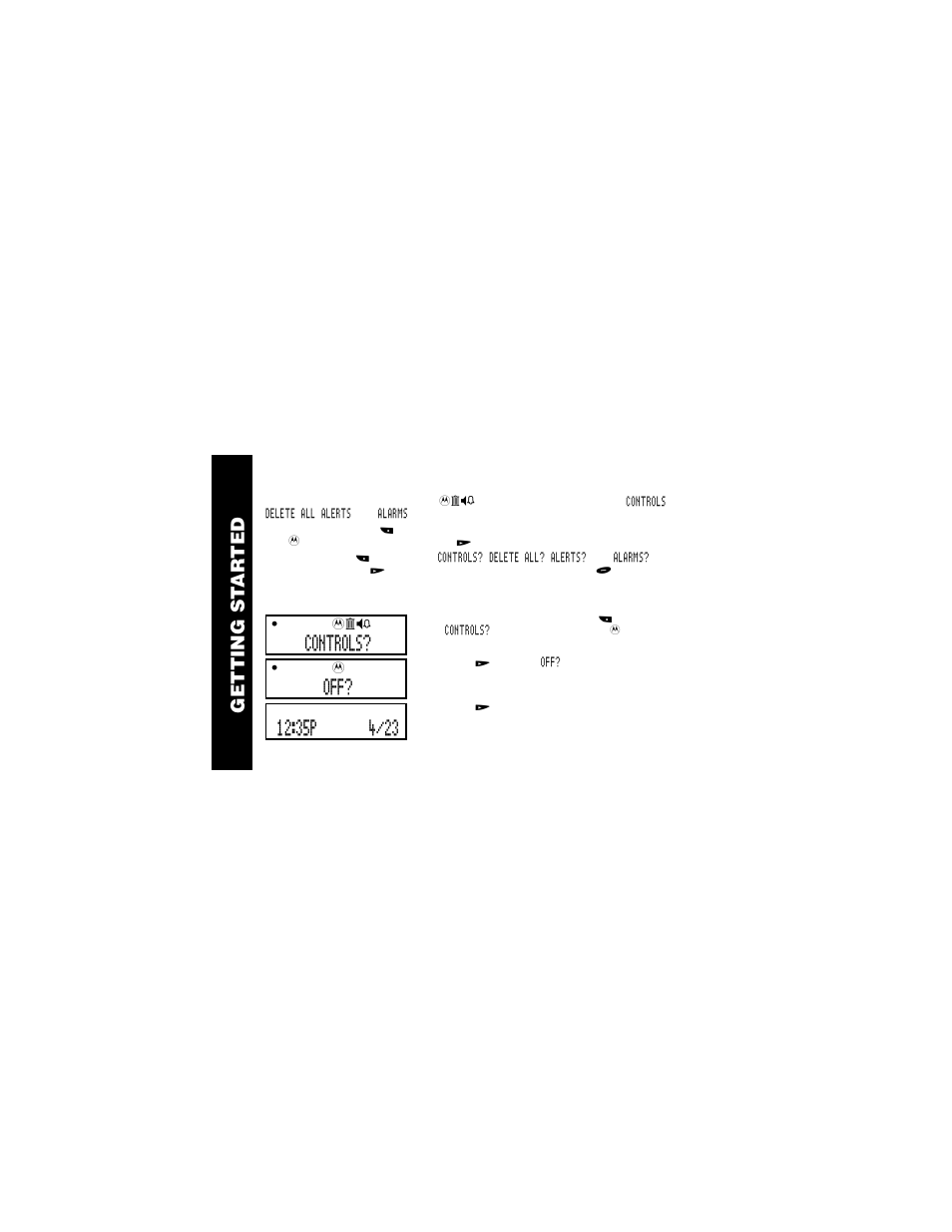 Menu icons, Getting st ar ted, Controls | 4 menu icons, Turning your pager off | Motorola WORDline  EN User Manual | Page 6 / 34