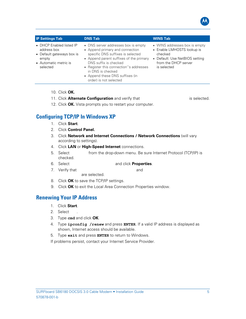 Configuring tcp/ip in windows xp, Renewing your ip address | Motorola SURFboard SB6180 User Manual | Page 10 / 20