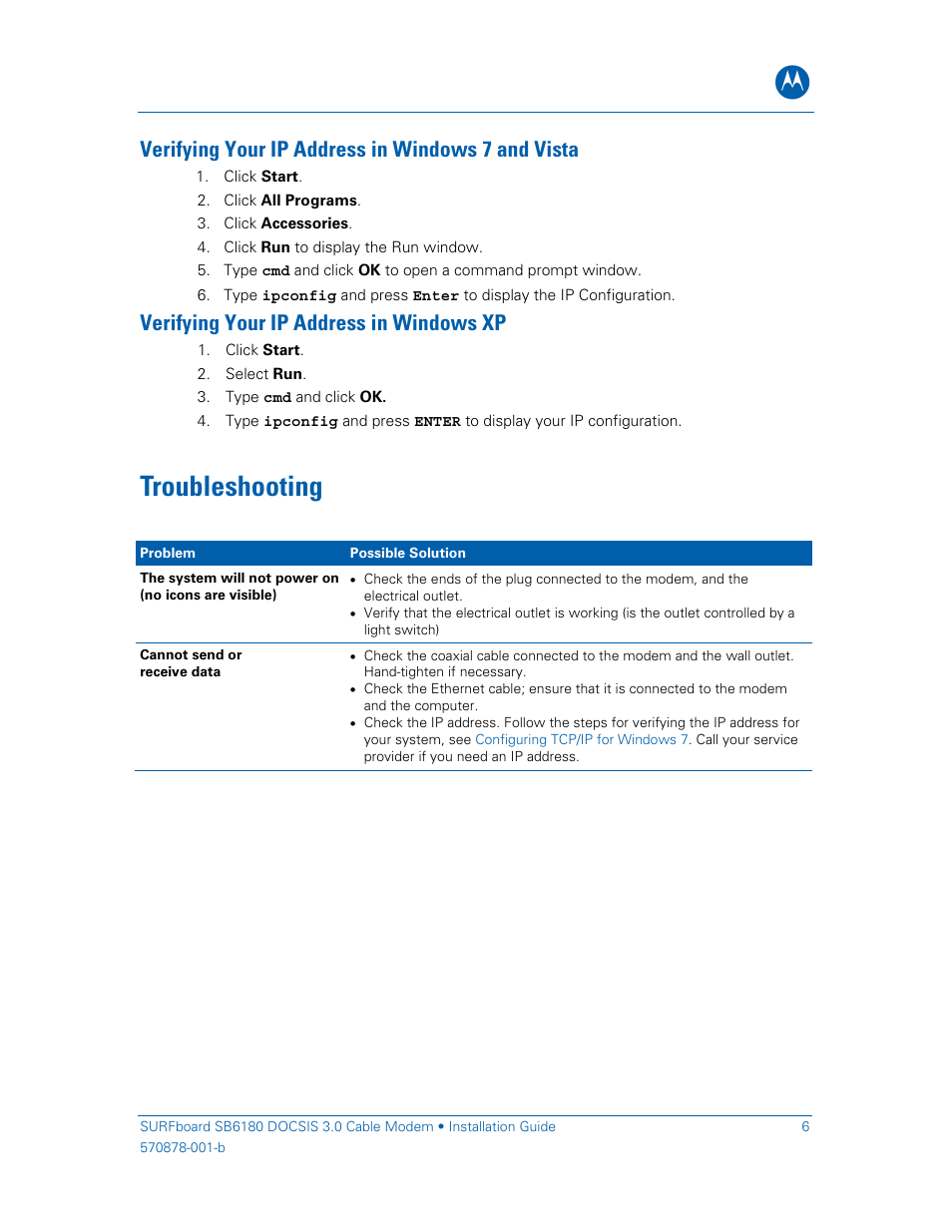 Verifying your ip address in windows 7 and vista, Verifying your ip address in windows xp, Troubleshooting | Motorola SURFboard SB6180 User Manual | Page 11 / 20