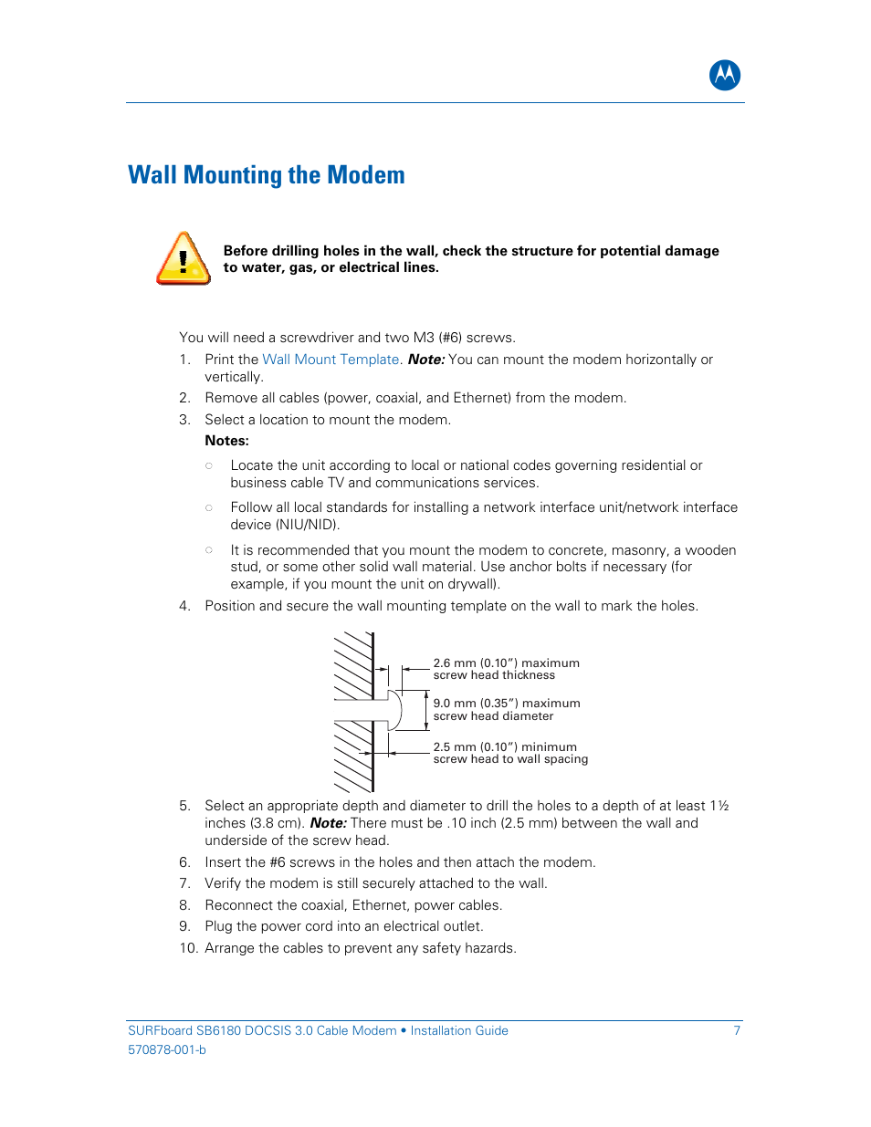 Wall mounting the modem | Motorola SURFboard SB6180 User Manual | Page 12 / 20