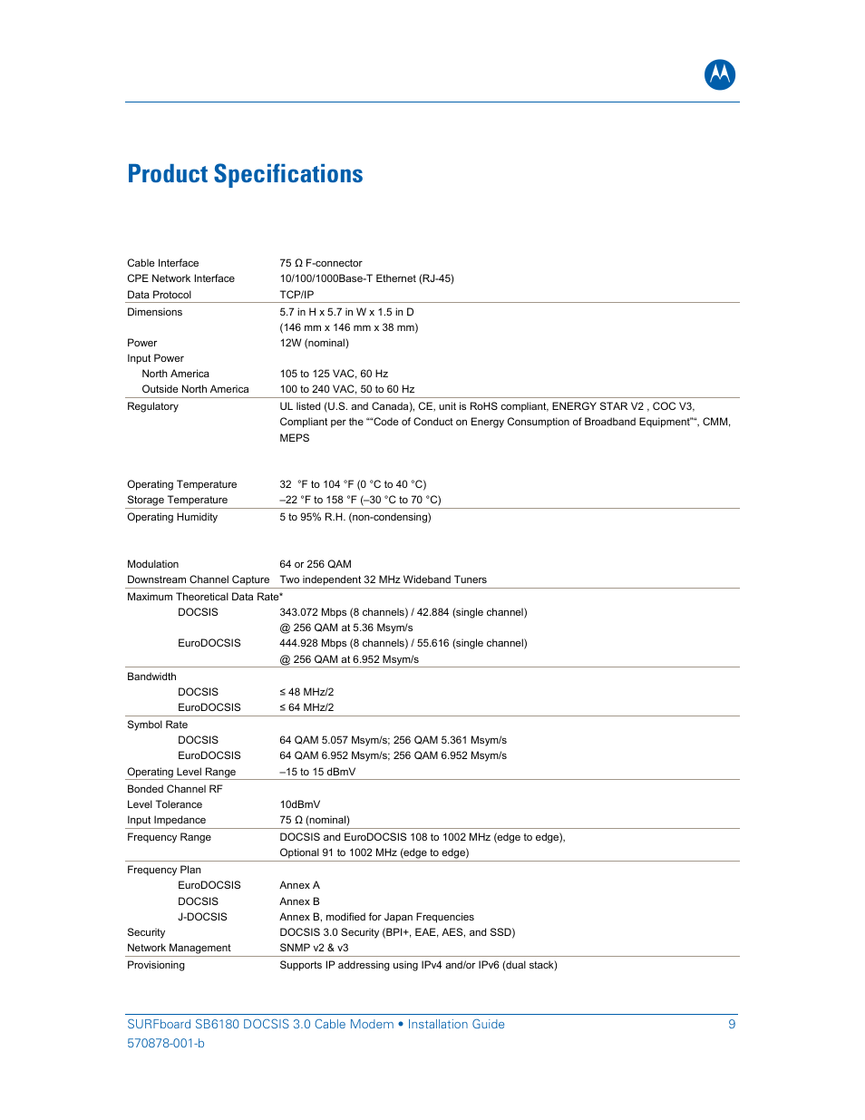 Product specifications, General specifications, Environmental | Downstream | Motorola SURFboard SB6180 User Manual | Page 14 / 20