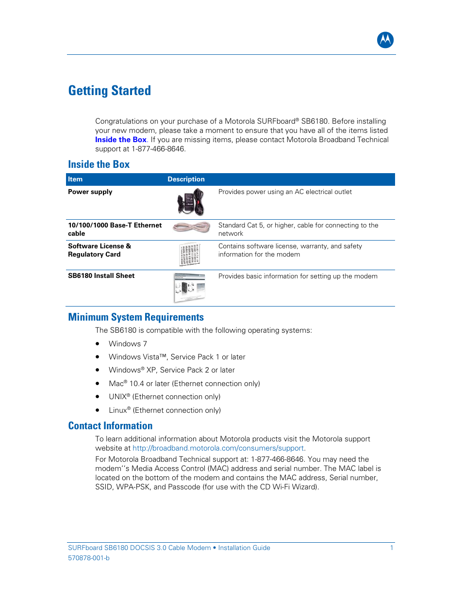 Getting started, Inside the box, Minimum system requirements | Contact information | Motorola SURFboard SB6180 User Manual | Page 6 / 20