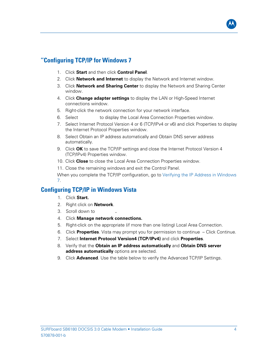 Configuring tcp/ip for windows 7, Configuring tcp/ip in windows vista, X96088_heading2_con | Motorola SURFboard SB6180 User Manual | Page 9 / 20
