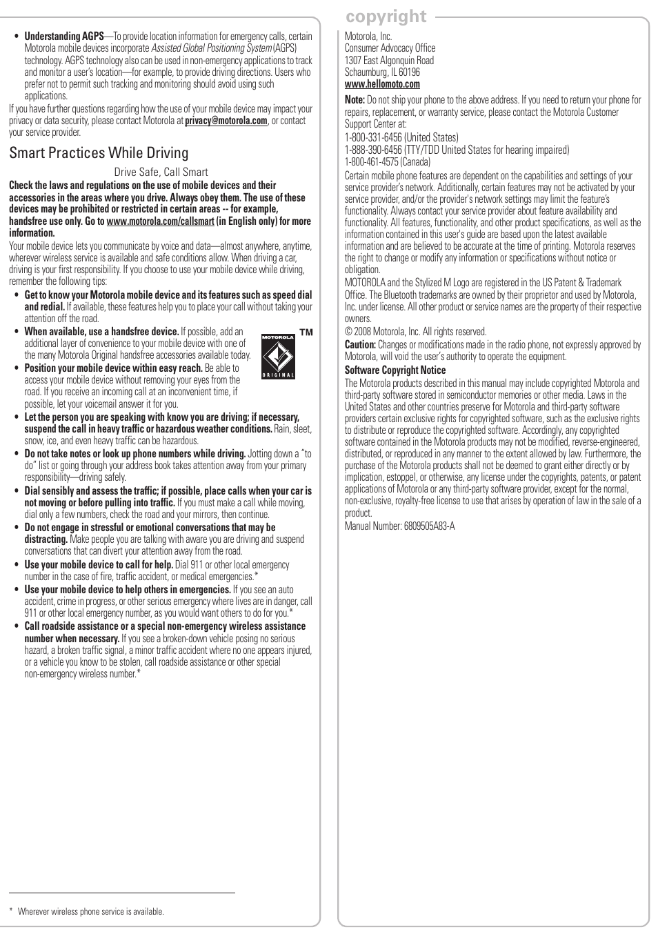 Copyright, Smart practices while driving | Motorola 6809505A83-A User Manual | Page 10 / 10