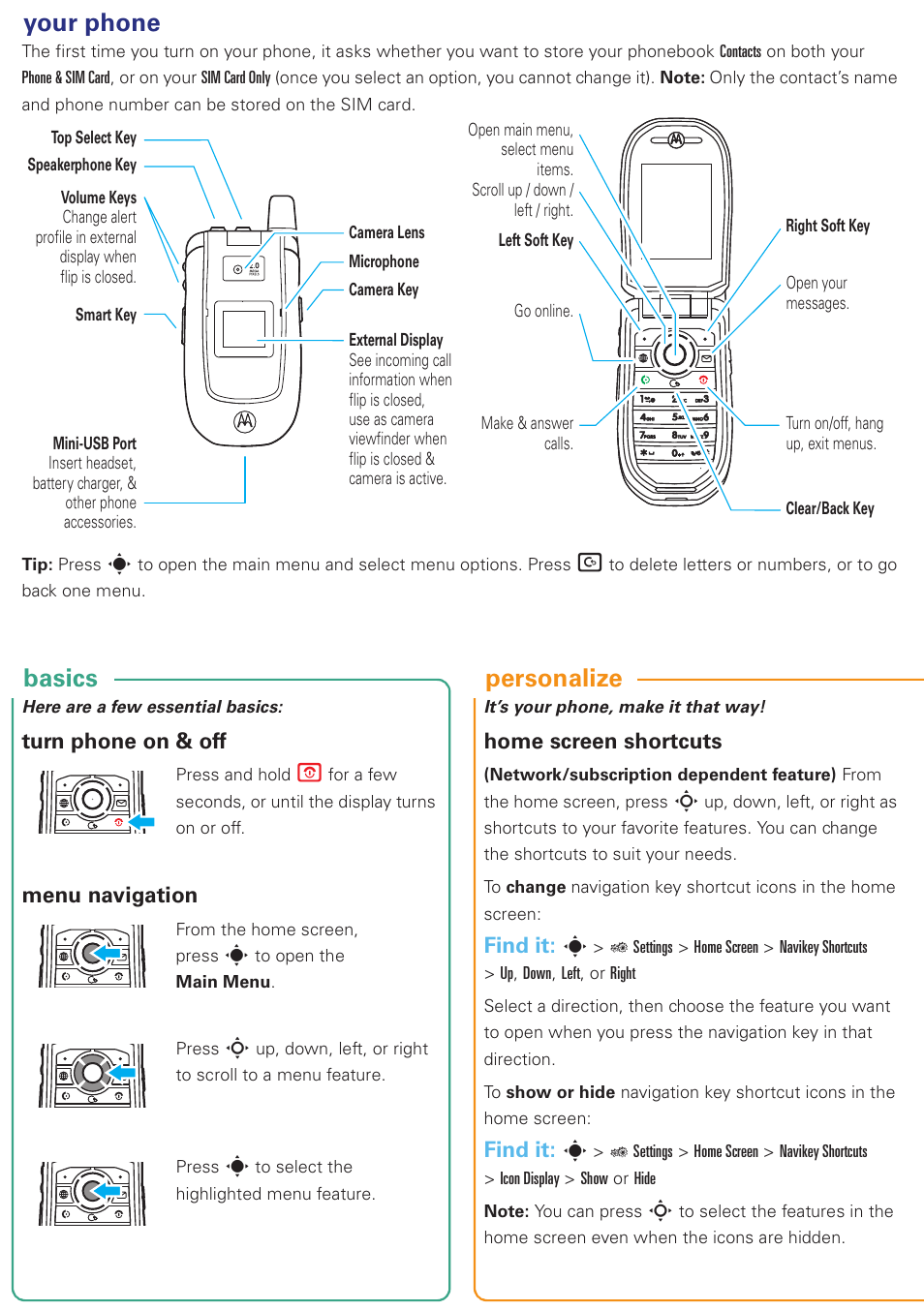 Your phone basics personalize, Turn phone on & off, Menu navigation | Home screen shortcuts, Find it: s | Motorola 6809505A83-A User Manual | Page 2 / 10