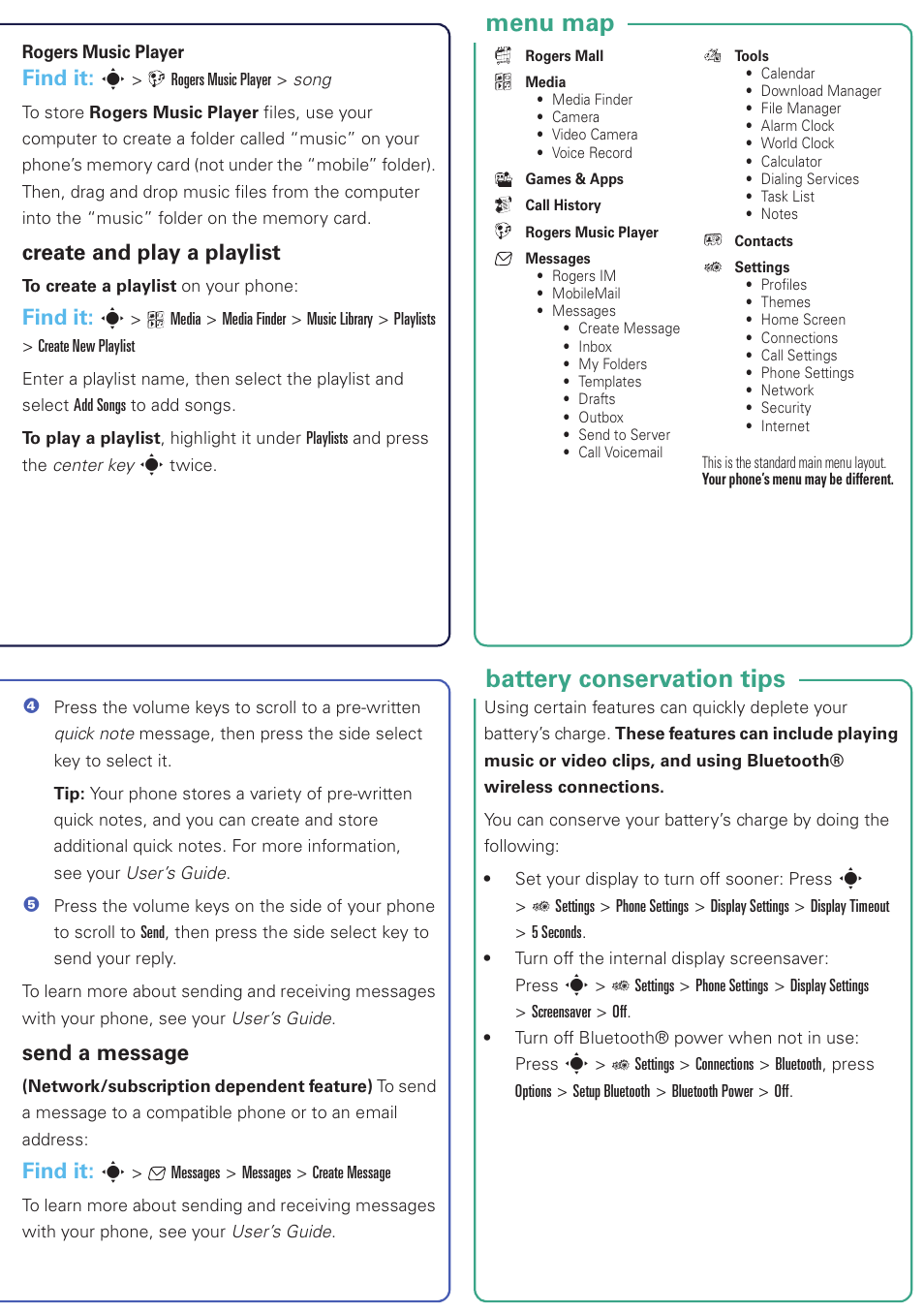 Battery conservation tips menu map, Find it: s, Create and play a playlist | Send a message | Motorola 6809505A83-A User Manual | Page 5 / 10