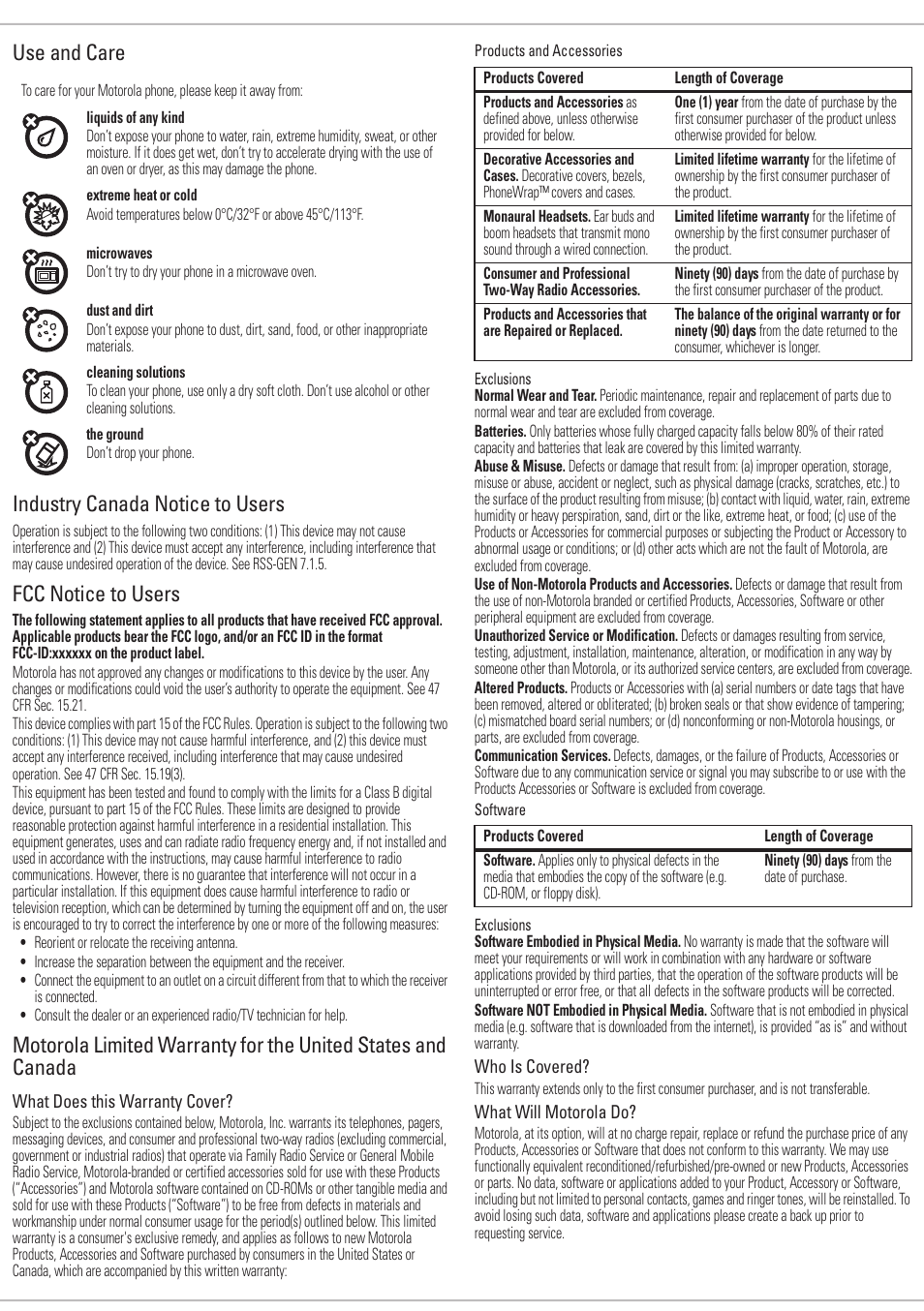 Use and care, Industry canada notice to users, Fcc notice to users | Motorola 6809505A83-A User Manual | Page 8 / 10