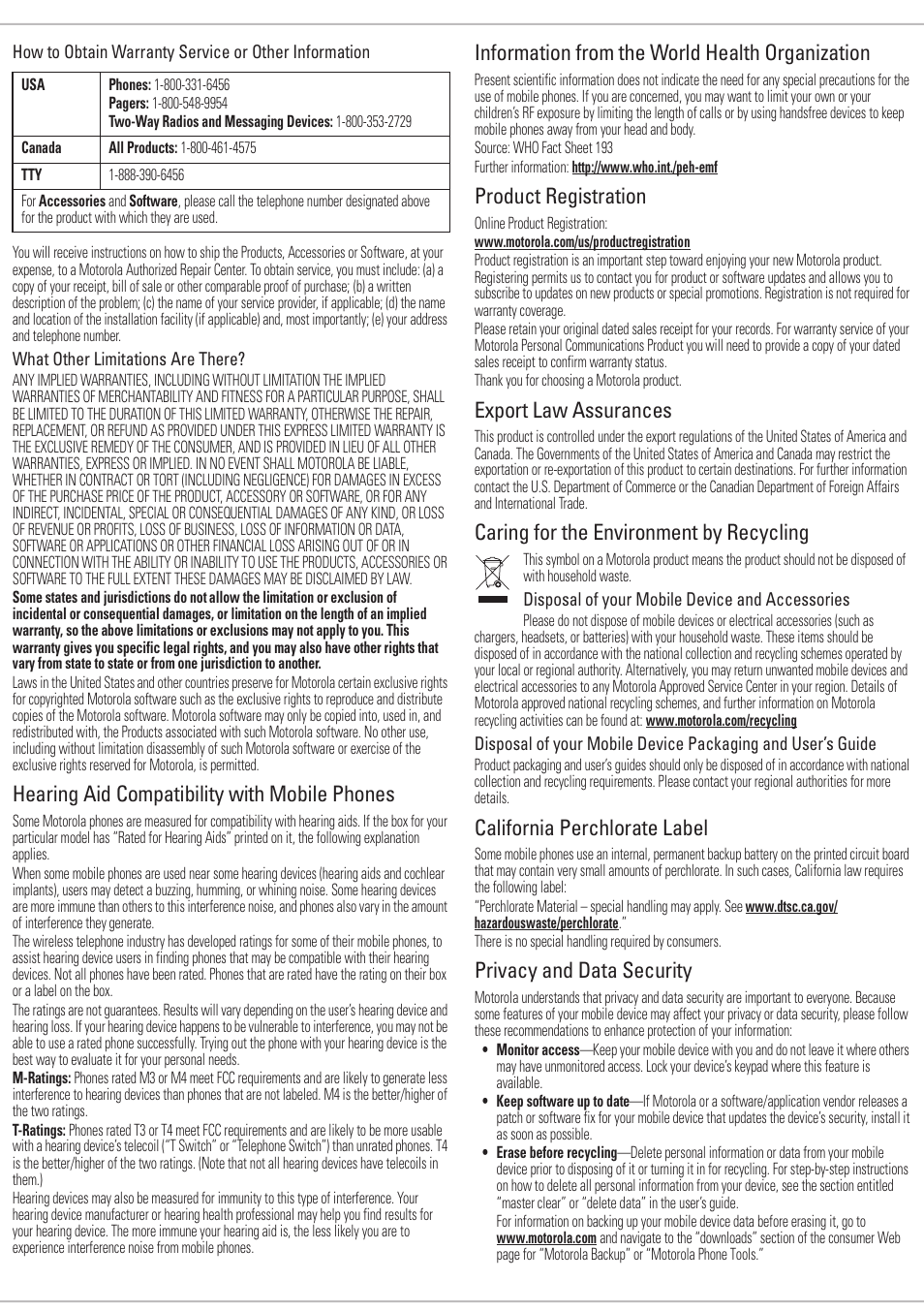 Hearing aid compatibility with mobile phones, Information from the world health organization, Product registration | Export law assurances, Caring for the environment by recycling, California perchlorate label, Privacy and data security, What other limitations are there, Disposal of your mobile device and accessories | Motorola 6809505A83-A User Manual | Page 9 / 10
