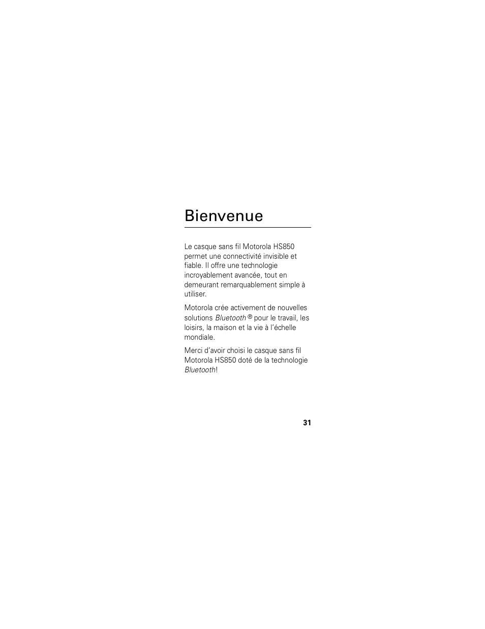 Bienvenue | Motorola HS850 User Manual | Page 33 / 111