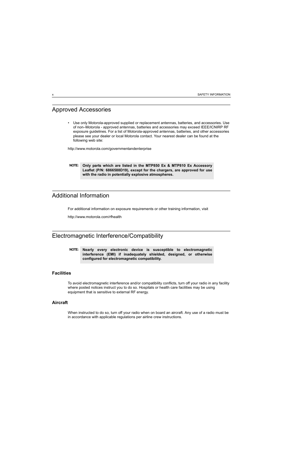 Approved accessories, Additional information, Electromagnetic interference/compatibility | Motorola MTP810 EX User Manual | Page 11 / 59