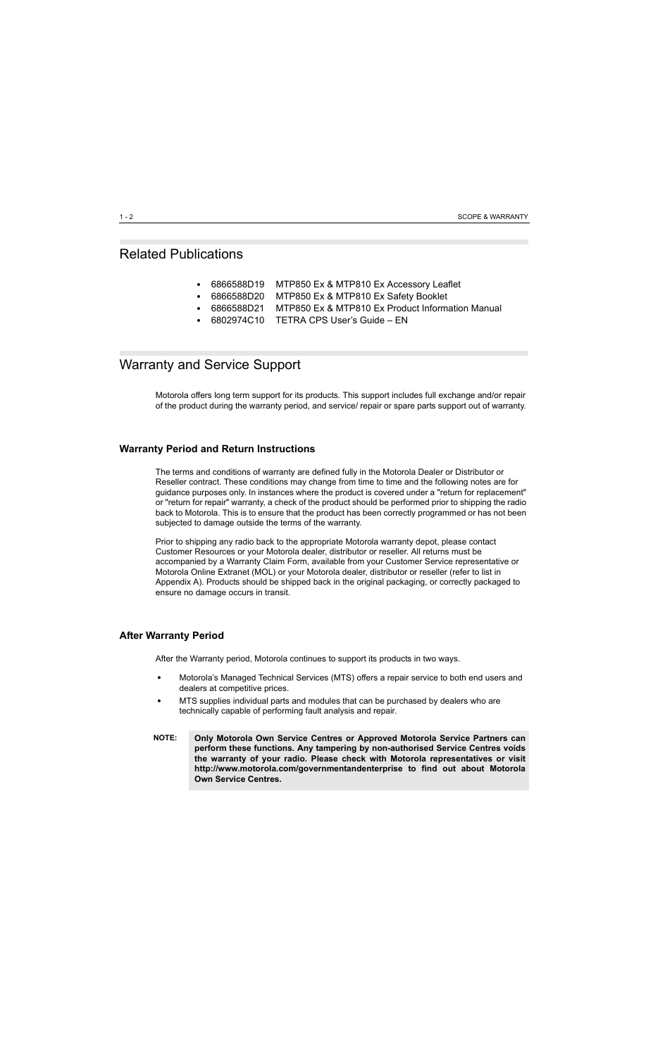 Related publications, Warranty and service support, Warranty period and return instructions | After warranty period | Motorola MTP810 EX User Manual | Page 21 / 59