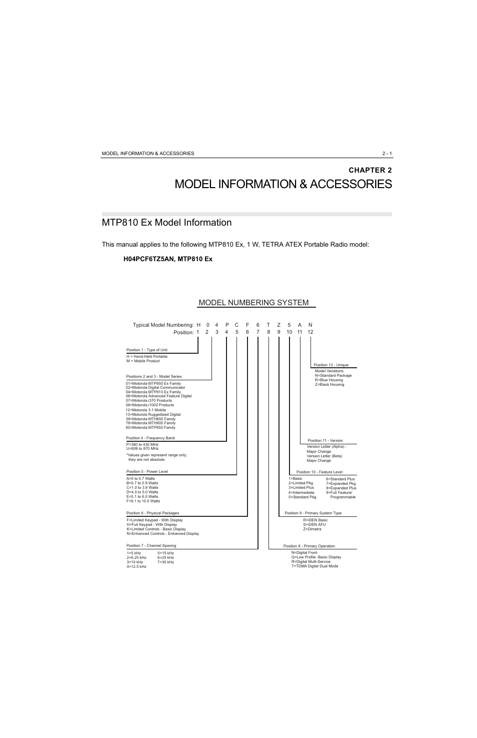 Chapter 2, Model information & accessories, Mtp810 ex model information | Chapter 2 model, Mtp810 ex model information -1, Model numbering system | Motorola MTP810 EX User Manual | Page 22 / 59